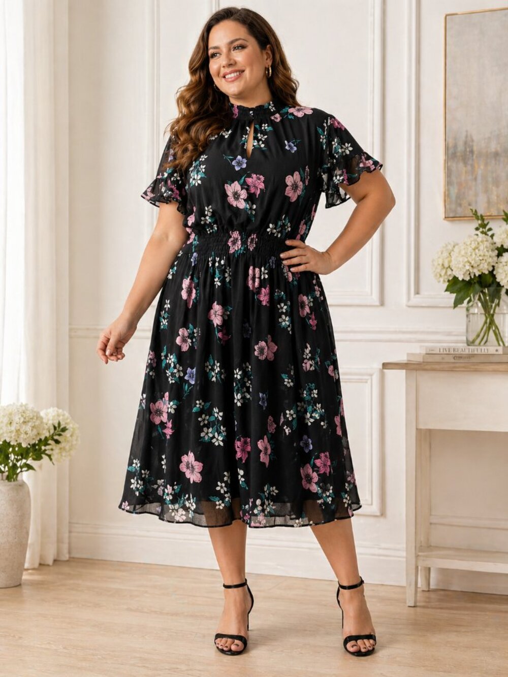 NWT Lane Bryant Floral Dress Black Smocked Keyhole Chiffon Plus Size 24 P - Picture 14 of 14